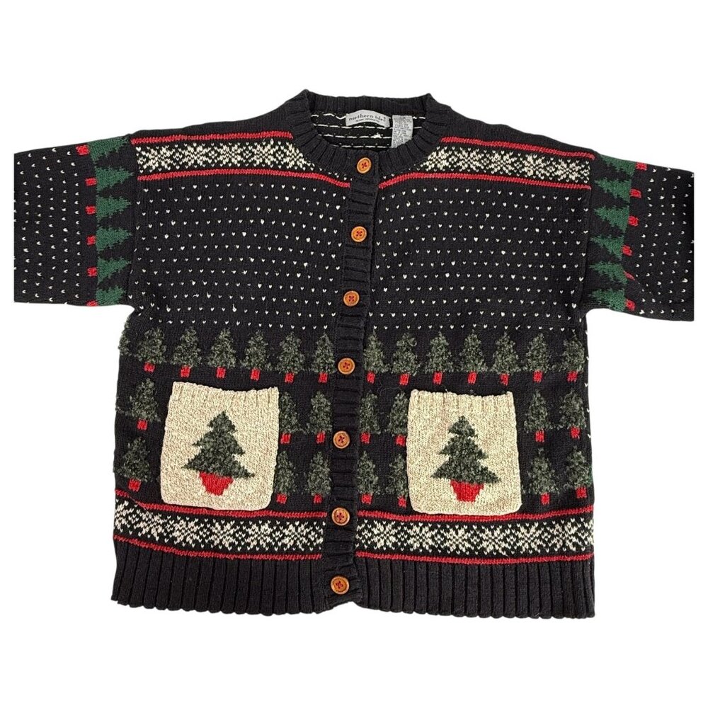 VTG Northern Isles Christmas Tree Cardigan Sweater Size Large Black Nordic Style - Picture 5 of 13